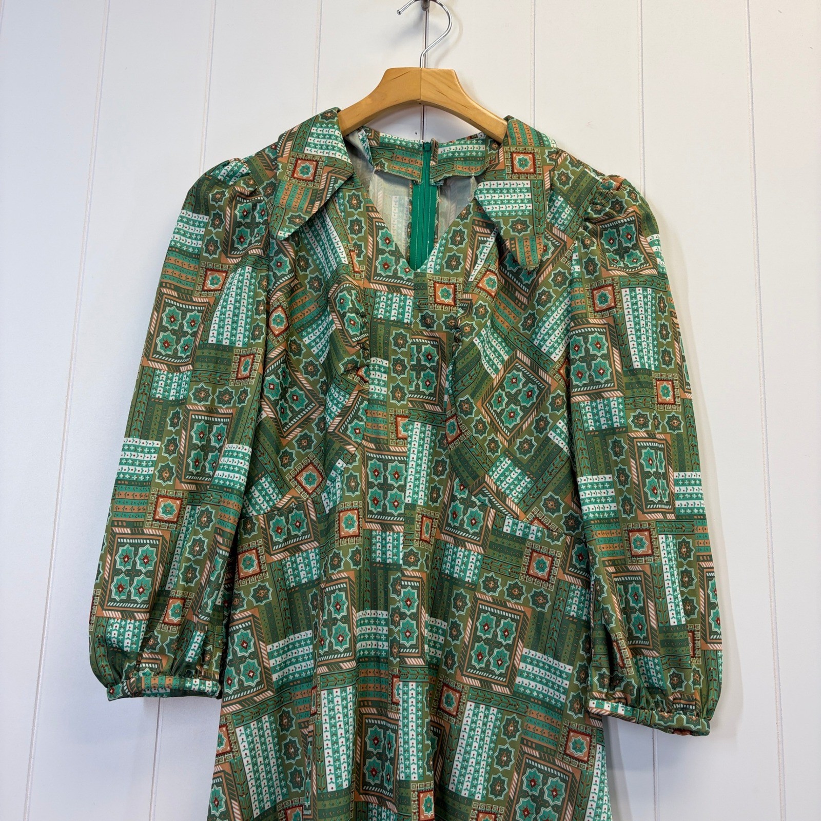 Retro Handmade Mosaic Midi Dress Womens M Green Psychedelic Mod Twee 70s Vibes