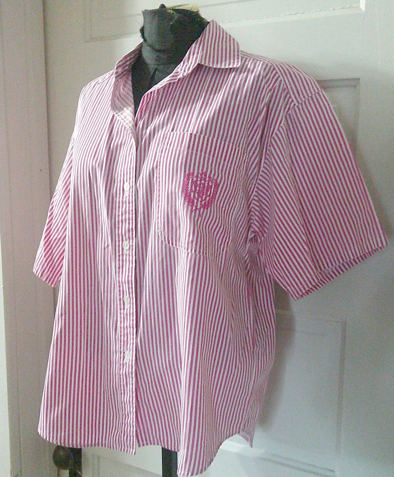 80’s CASUAL CODE SS Pink Stripe Embroidered Button Up Shirt Top Blouse L