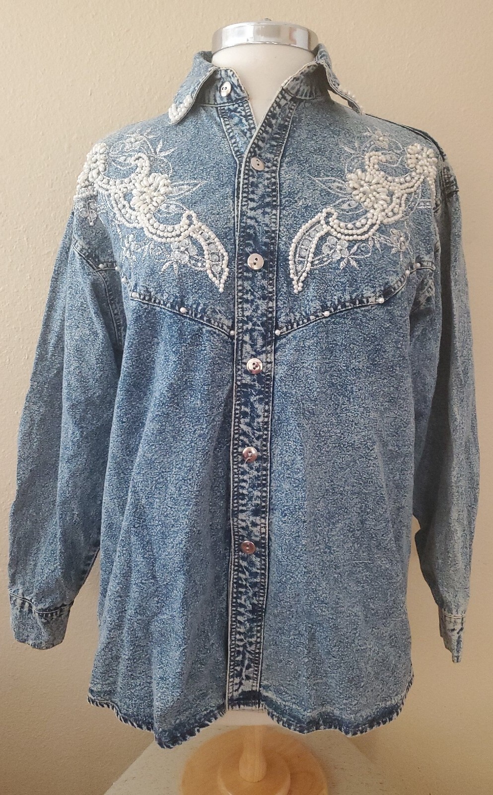 Vintage Jane Ashley Pearl Beaded Embroidered Applique Long Sleeve Shirt Sz Small
