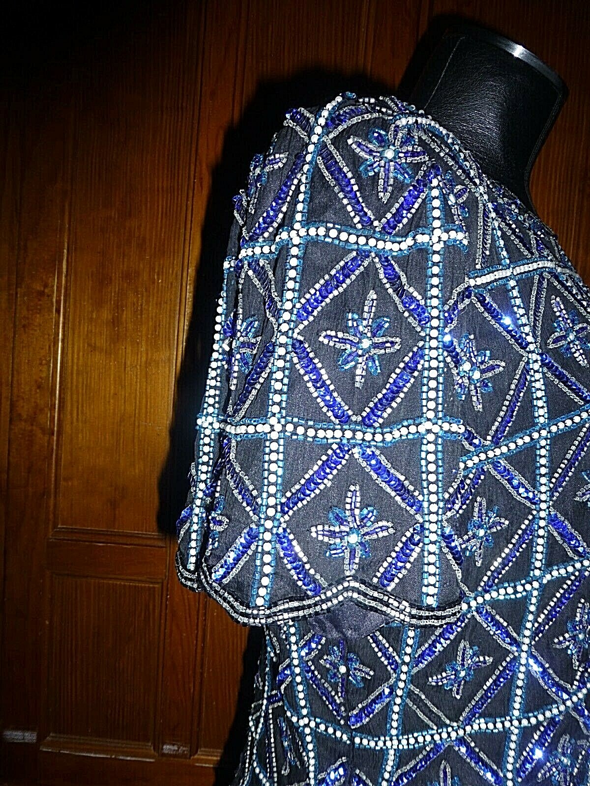 Vtg Royal Blue SEQUIN Beads Pearl Embroidered SILK Evening Party Top Blouse PL