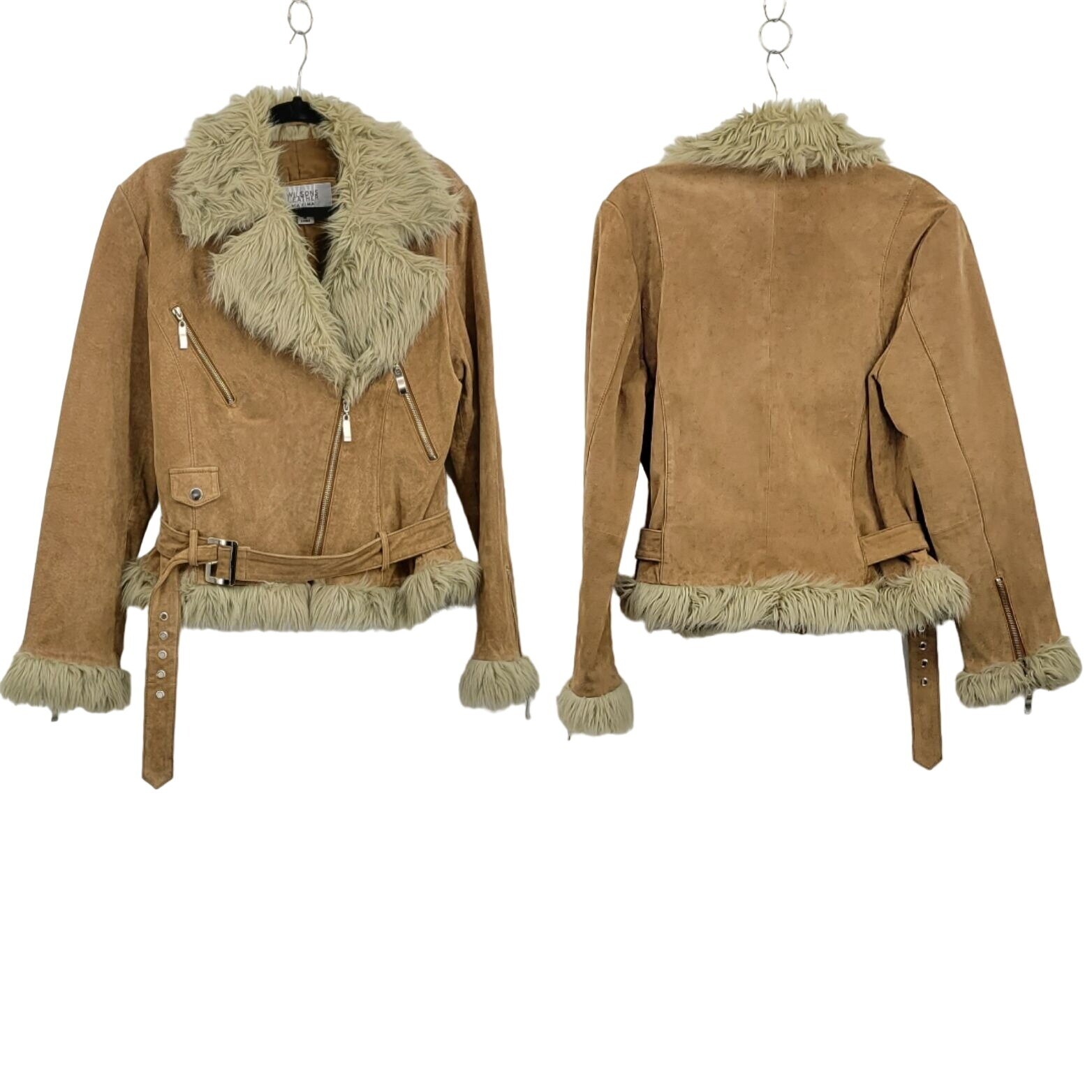 Vintage 80’s Wilson’s Leather Jacket Tan L Belted Faux Fur Trim Snow Bunny