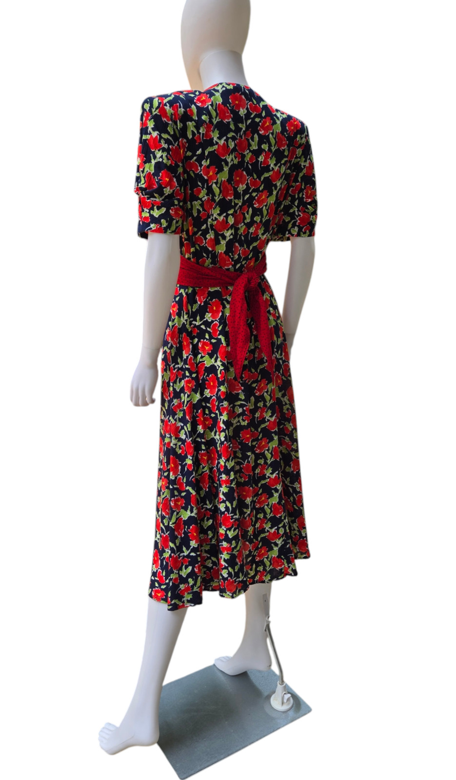 VTG 80s Does 40s Carole Little Rayon Gauze Red White Blue Floral Print Dress S M