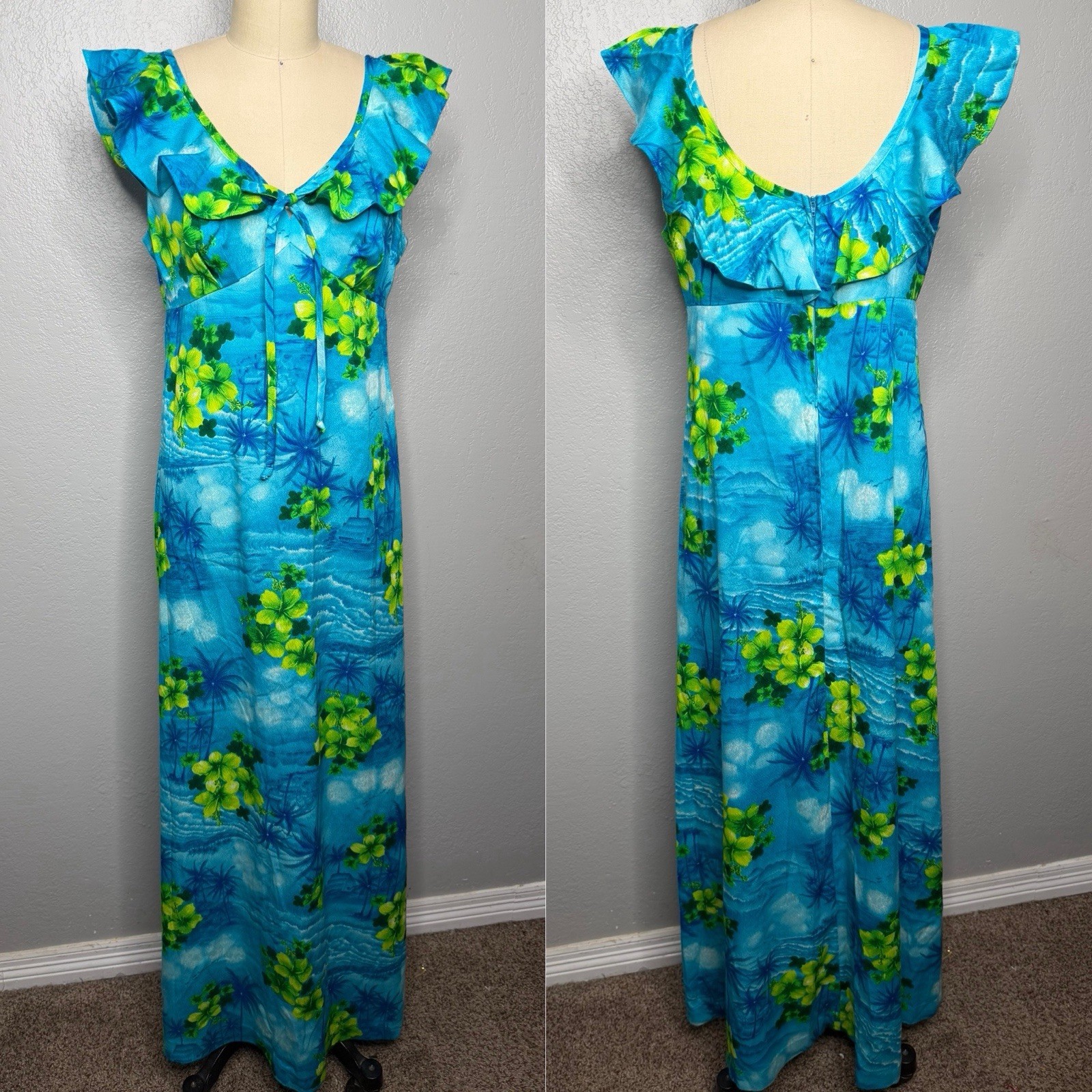 VTG 7Os POMARE Hawaiian Maxi Long Dress Sz M 12 Blues and Greens