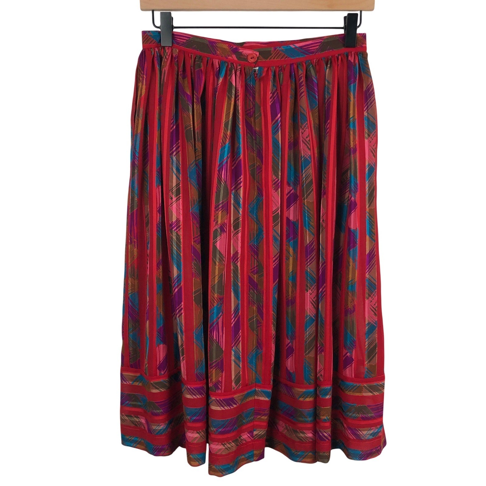 VTG Lilli Ann Adolph Schuman Abstract Geometric Midi Skirt 27W Red Pockets USA
