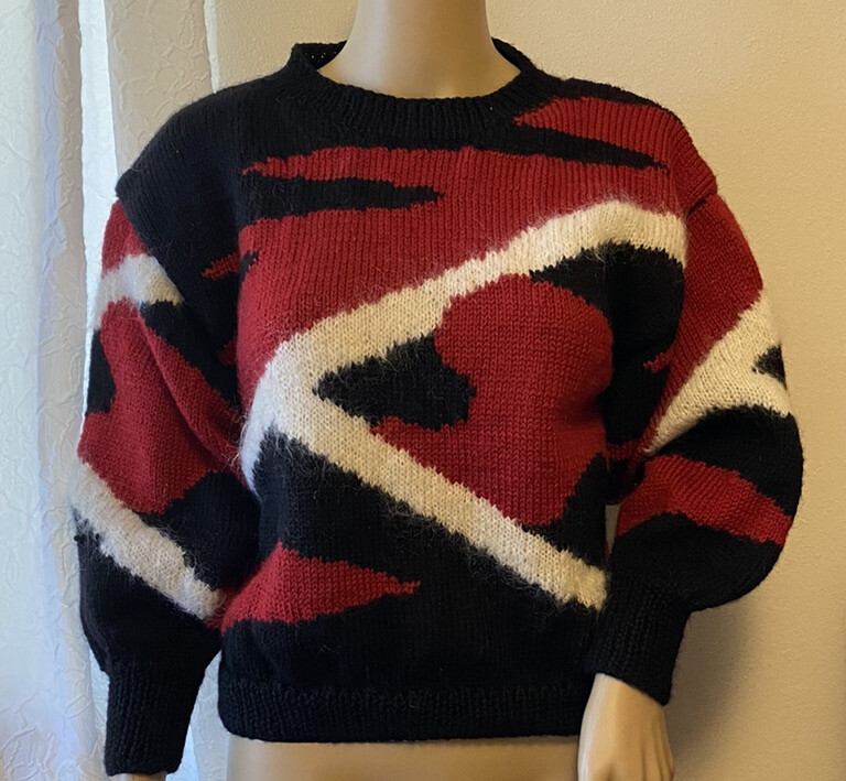 Womens Vtg Sweater Pullover Handmade M Black Red White Geometric Hip Rockabilly