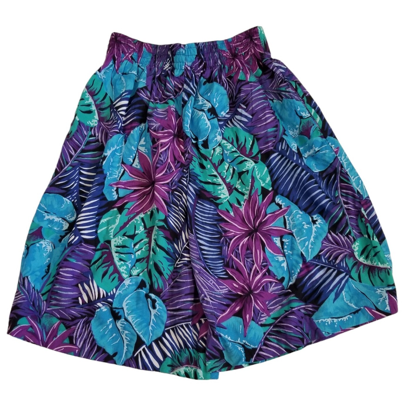 VTG Tropical Shorts Pleated Sz S Hawaiian Purple Blue Teal High Waist 80s Boho