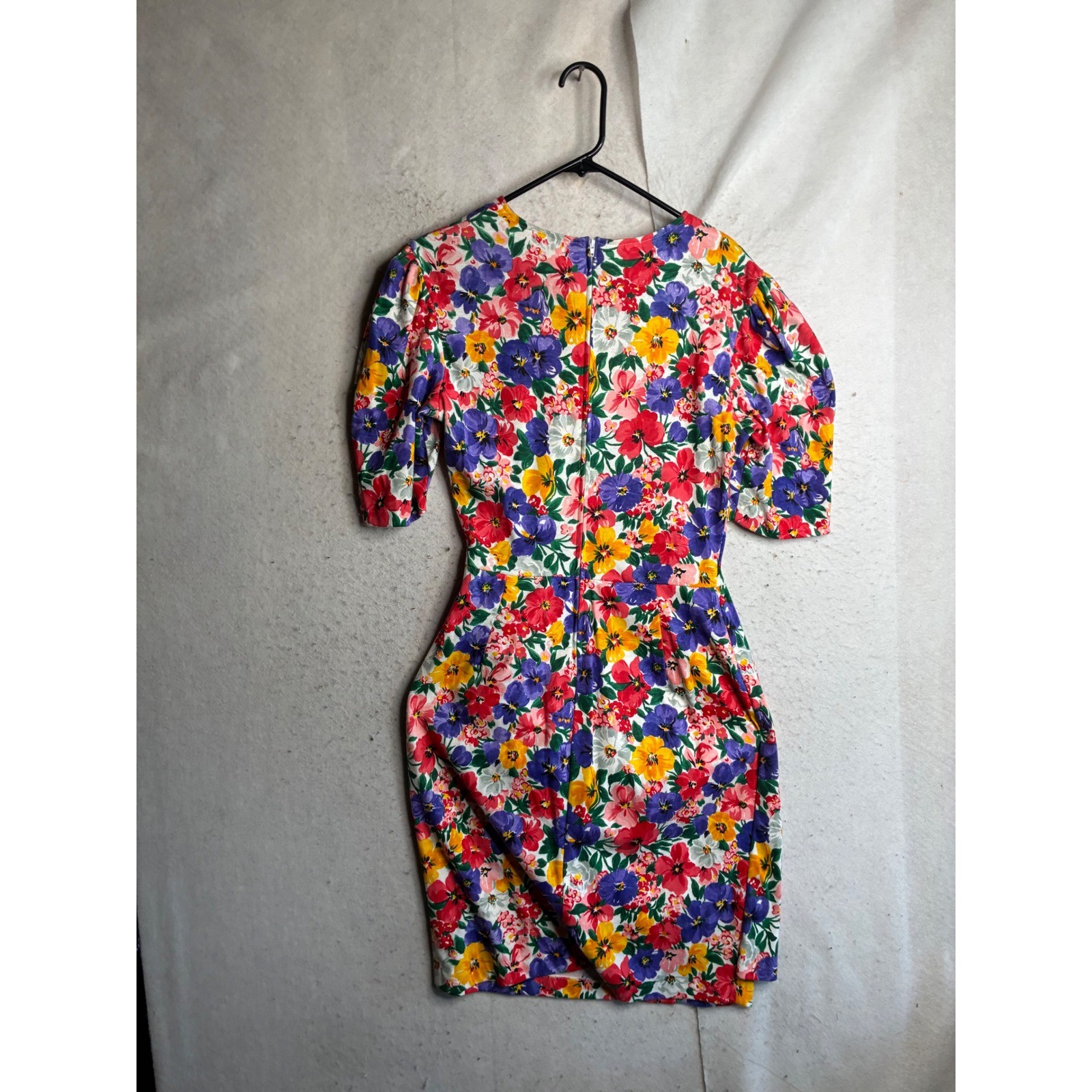 Vintage Expo Floral Ruching Midi Dress Multi Color Pansy Puff Sleeve USA Made 12