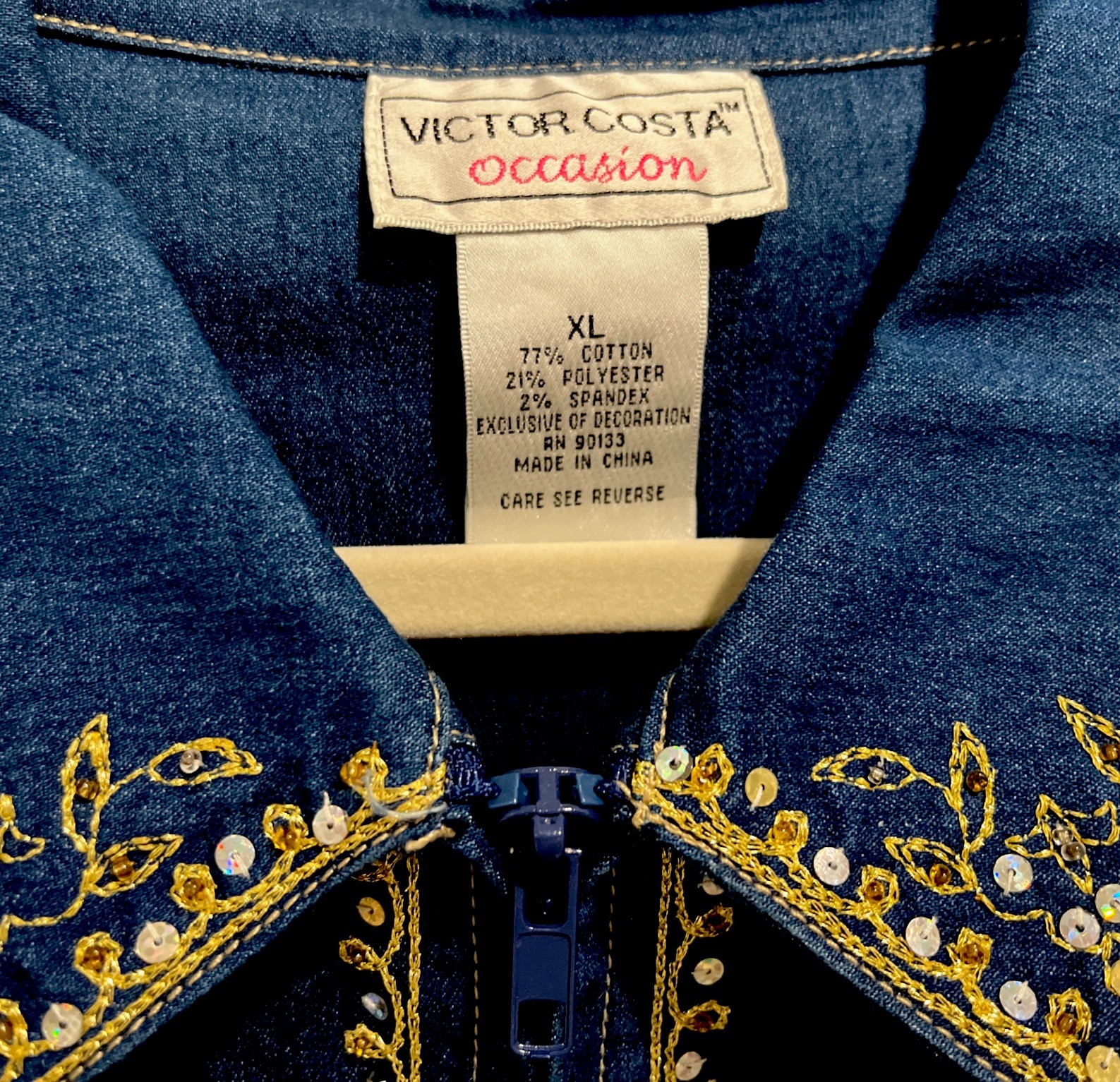 Victor Costa Occasion Vintage 1990s Jacket XL Blue Denim Embroidery Sequins NEW!
