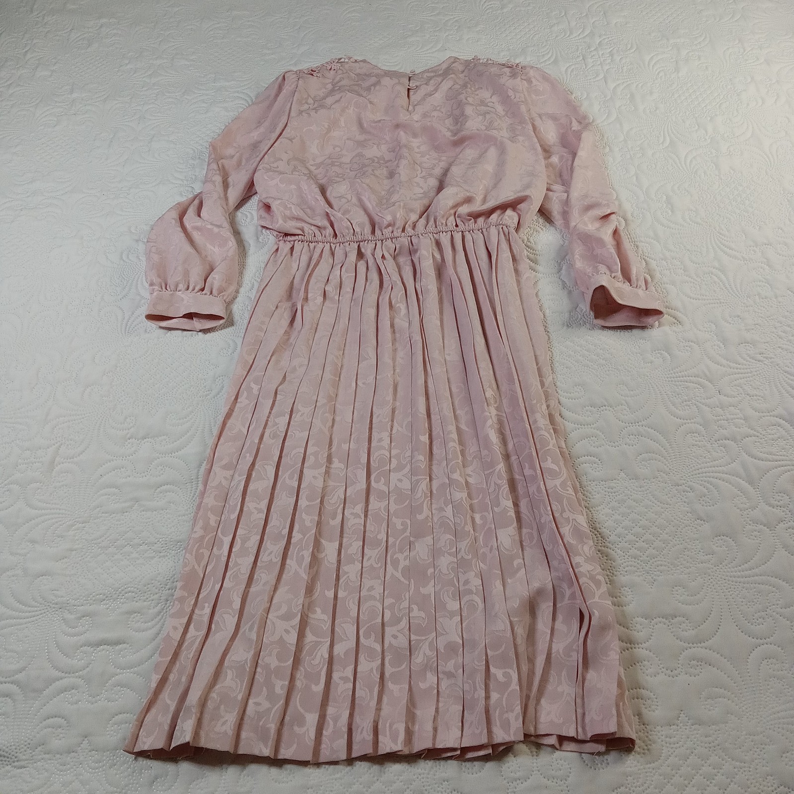 In The Mood MOB Dress 14 Pink Jacquard Belted Crocheted Pleated Vtg 80s EUC