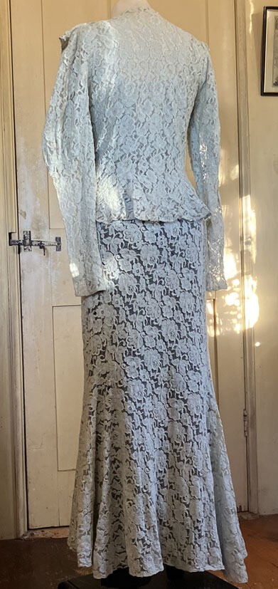 Vtg 1930’s Cotton Lace Gown / Dress w Jacket Light Grey/Blue