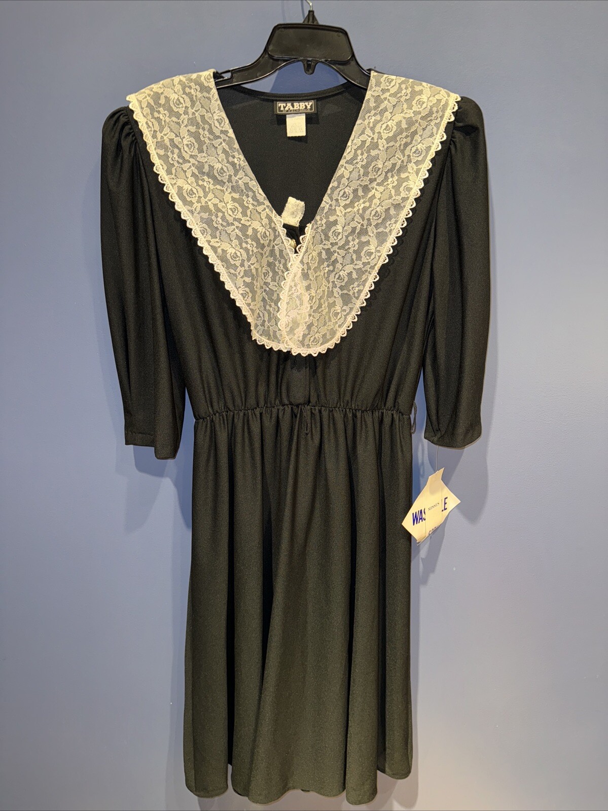 Womens 16 Black Secrtary Dress, Lace Collar, 1960’s Tabby Of California