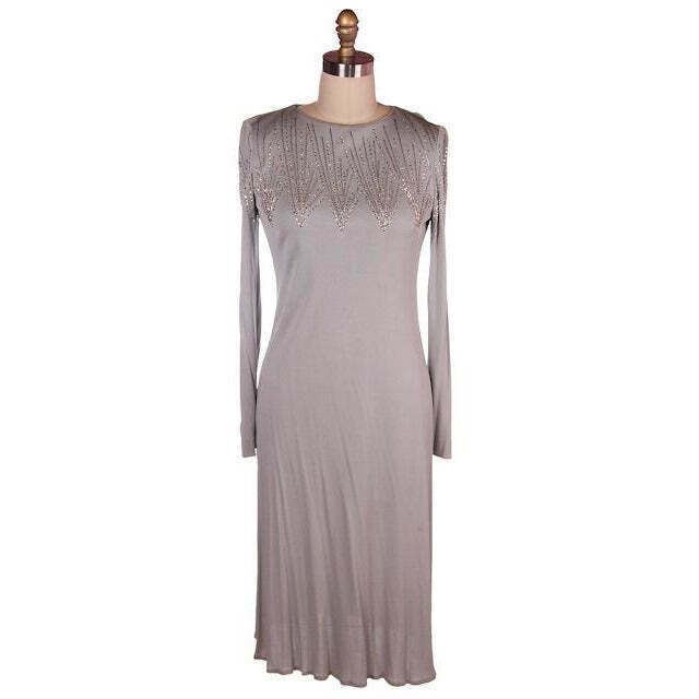 Teal Traina VTG 1970s Gray Silk Jersey Dress Beaded Rhinestone Yoke S/M 36-33-41
