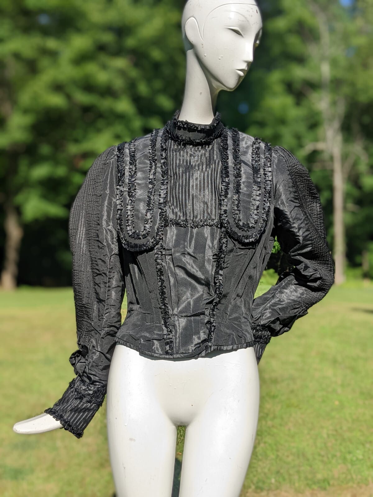 GOTHIC VICTORIAN BLACK SILK TAFFETA BODICE W PLEATS + BOX PLEAT RUFFLES
