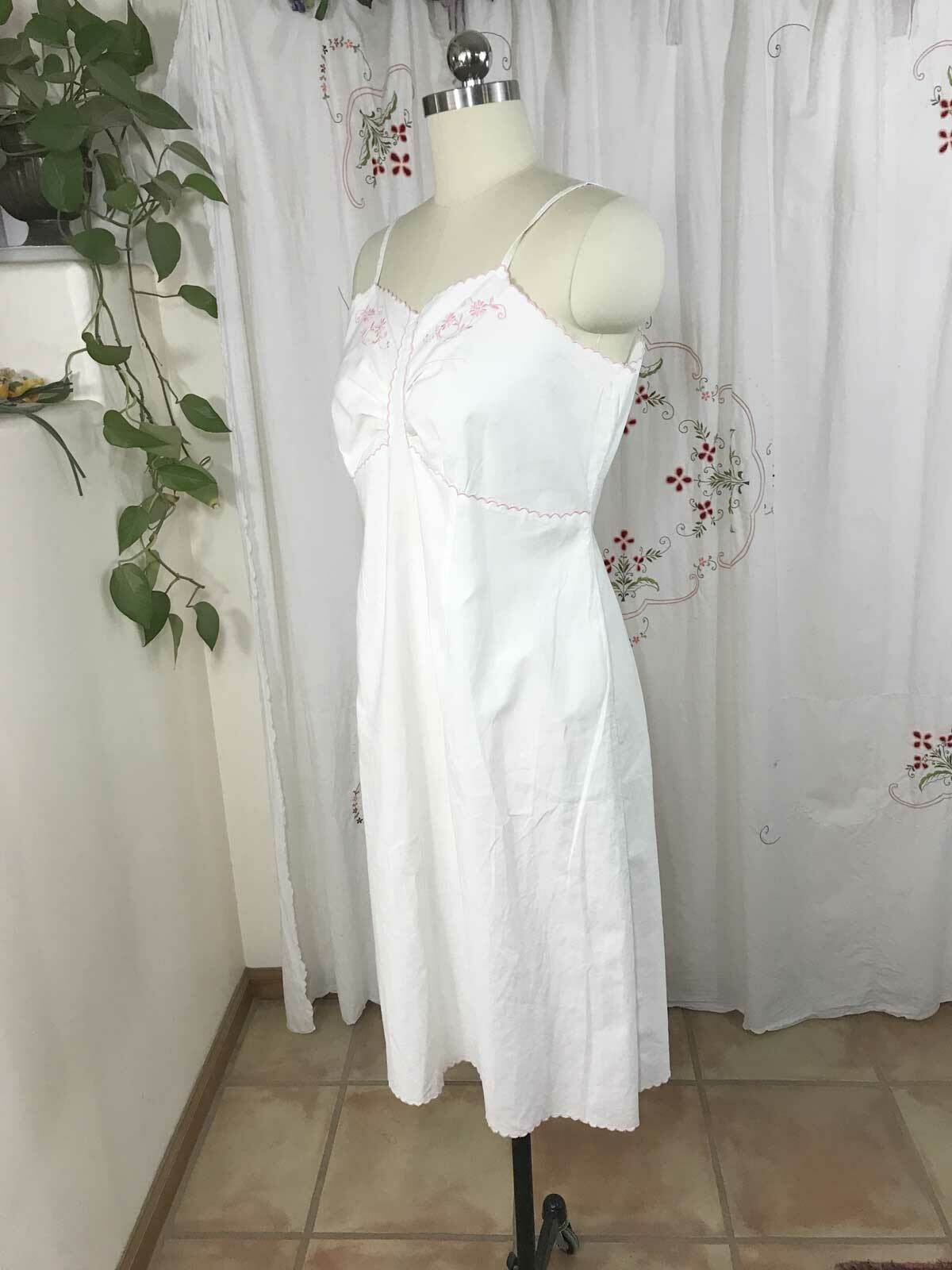 Vtg French White Cotton Slip Summer Day Dress Nightgown Pink Embroidery sz M/L