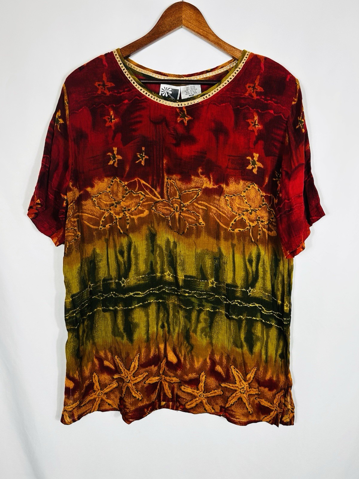 Rhool Vintage 90s Earthtone Ethnic Tribal Gauzy Tunic Top Beach Starfish Size M