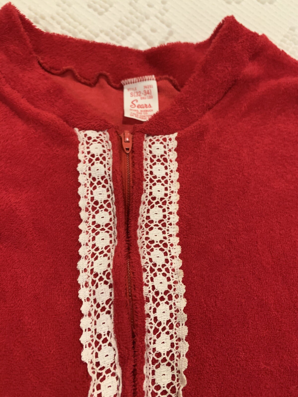 VTG Sears Women’s S 32/34 Red Zip Up Sexy 1 Piece Loungewear Stretch Terry Knit