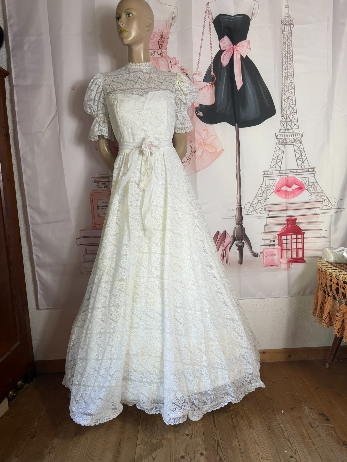 Original Kleemeier Court Wedding Dress 70s Vintage Lace Crinoline Edwardian Prairie