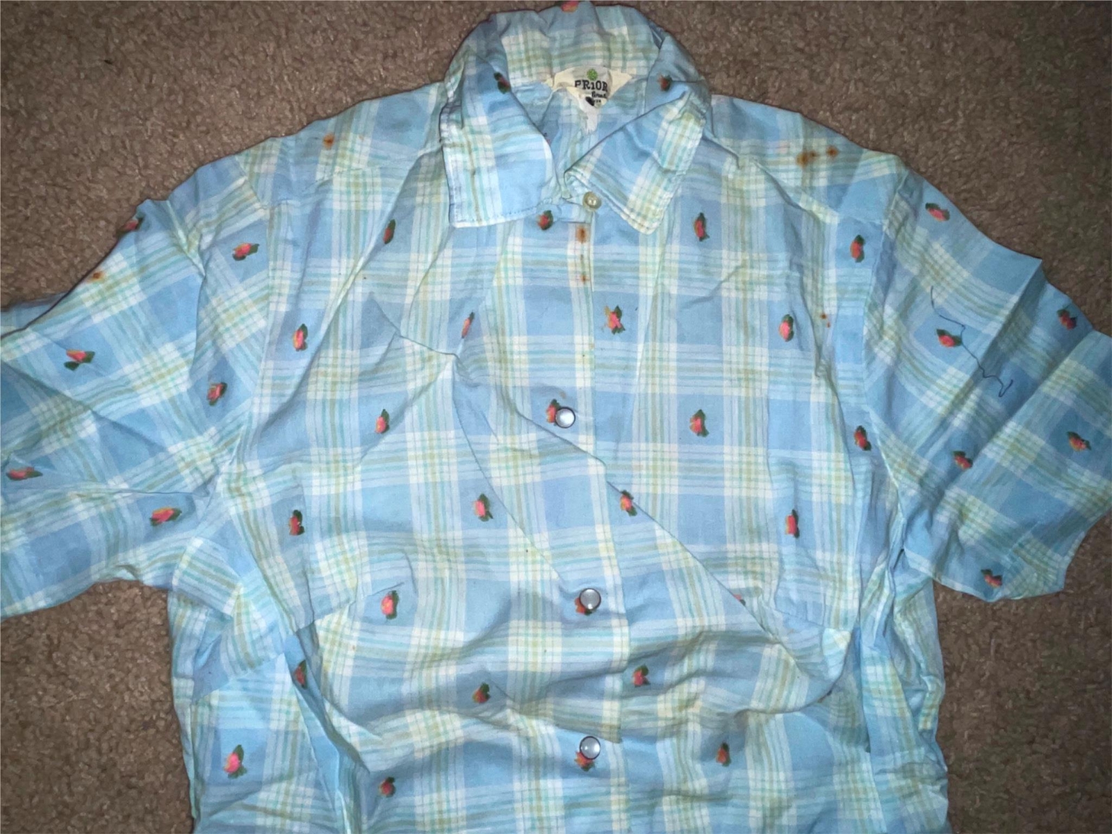 VTG 60S 70S WOMENS XS 32 PRIOR BLUE PLAID STRIPE BUTTON WESTERN COWBOY SHIRT
