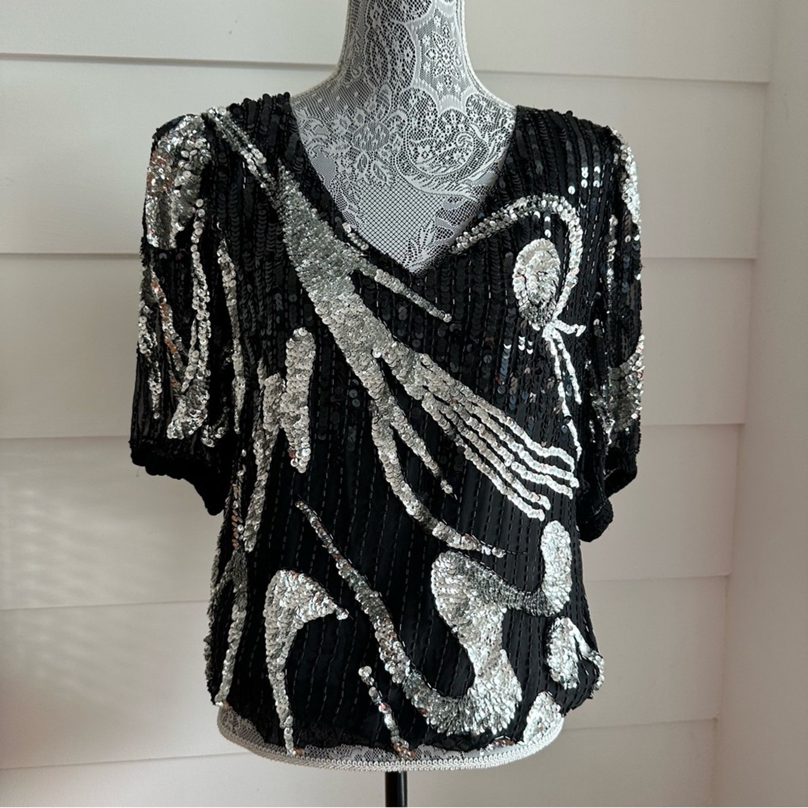 Vintage Oleg Cassini Silk Sequin and Beaded Blouse Holiday Party Festive Glam