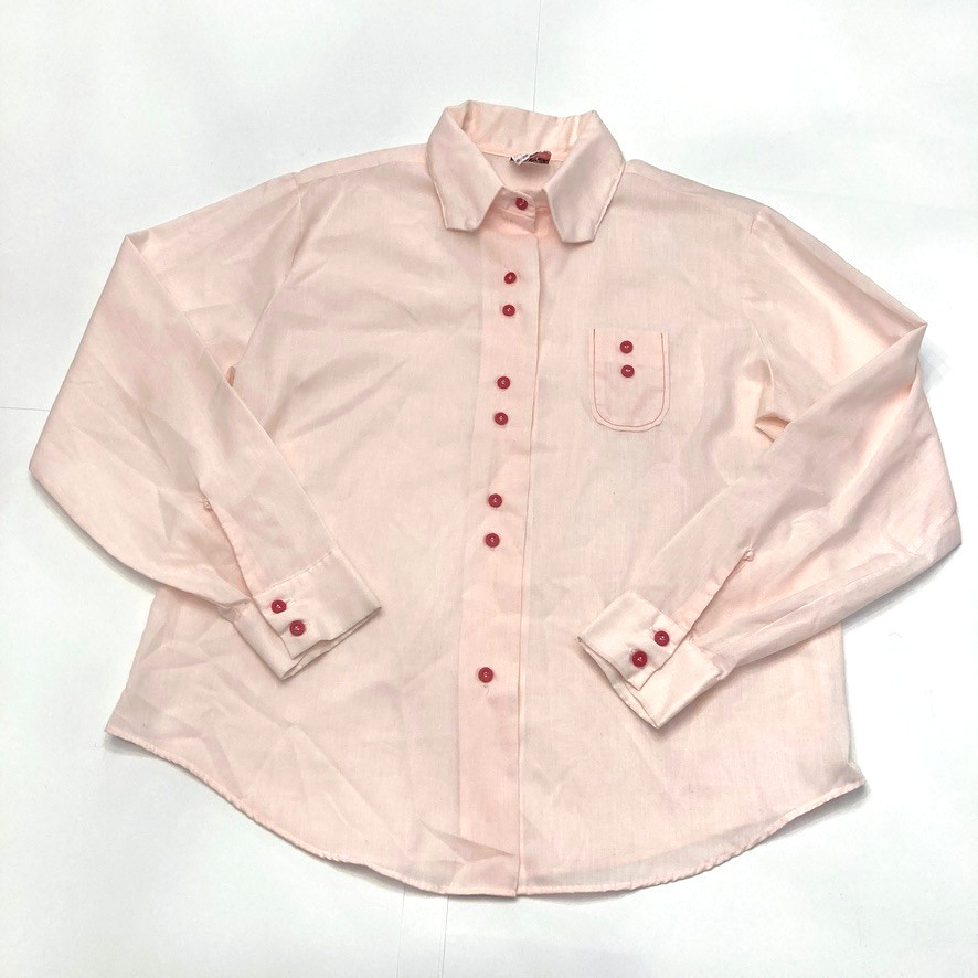 Vtg Pink Blouse Button Up Permanent Press Red Buttons Womens M 38-40 Long Sleeve
