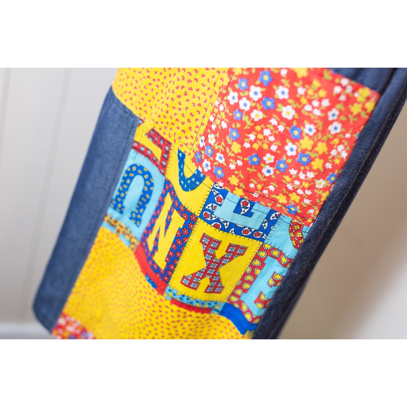 Vintage 70s Patchwork Alphabet Skirt, Colorful Chambray A-Line, Boho Artsy Small
