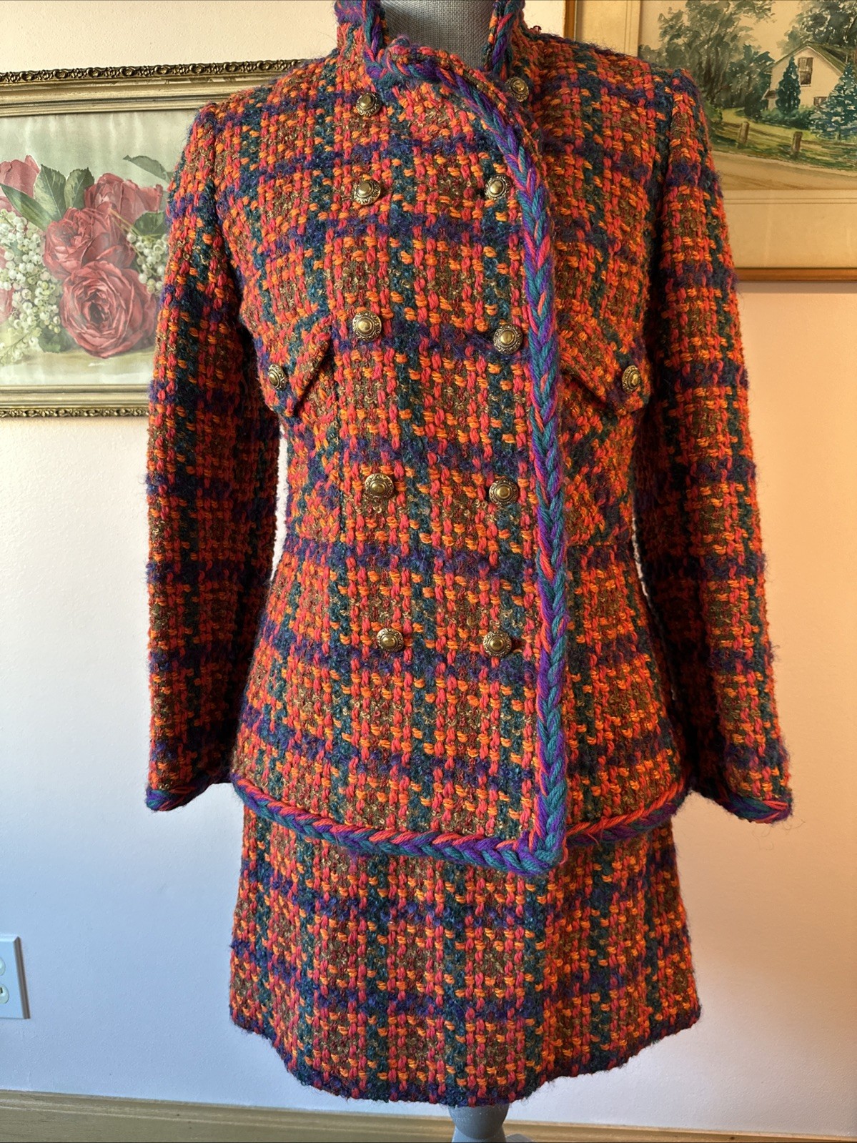 1980s Tailored Devon Hall Tweed Wool Plaid Lined Jacket & Skirt Suit 2pc sz 2