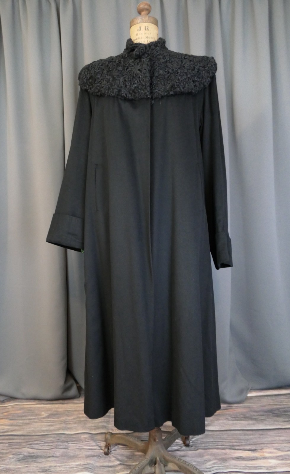 Vintage 1940s Black Wool Coat Winter with Persian Lamb Fur Collar, 40 inch bust
