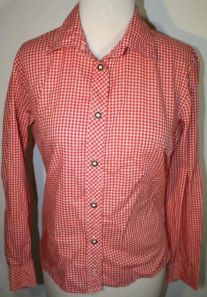 VINTAGE German Austrian Gingham Red White Horn Button Shirt 42 S M 6 8 10