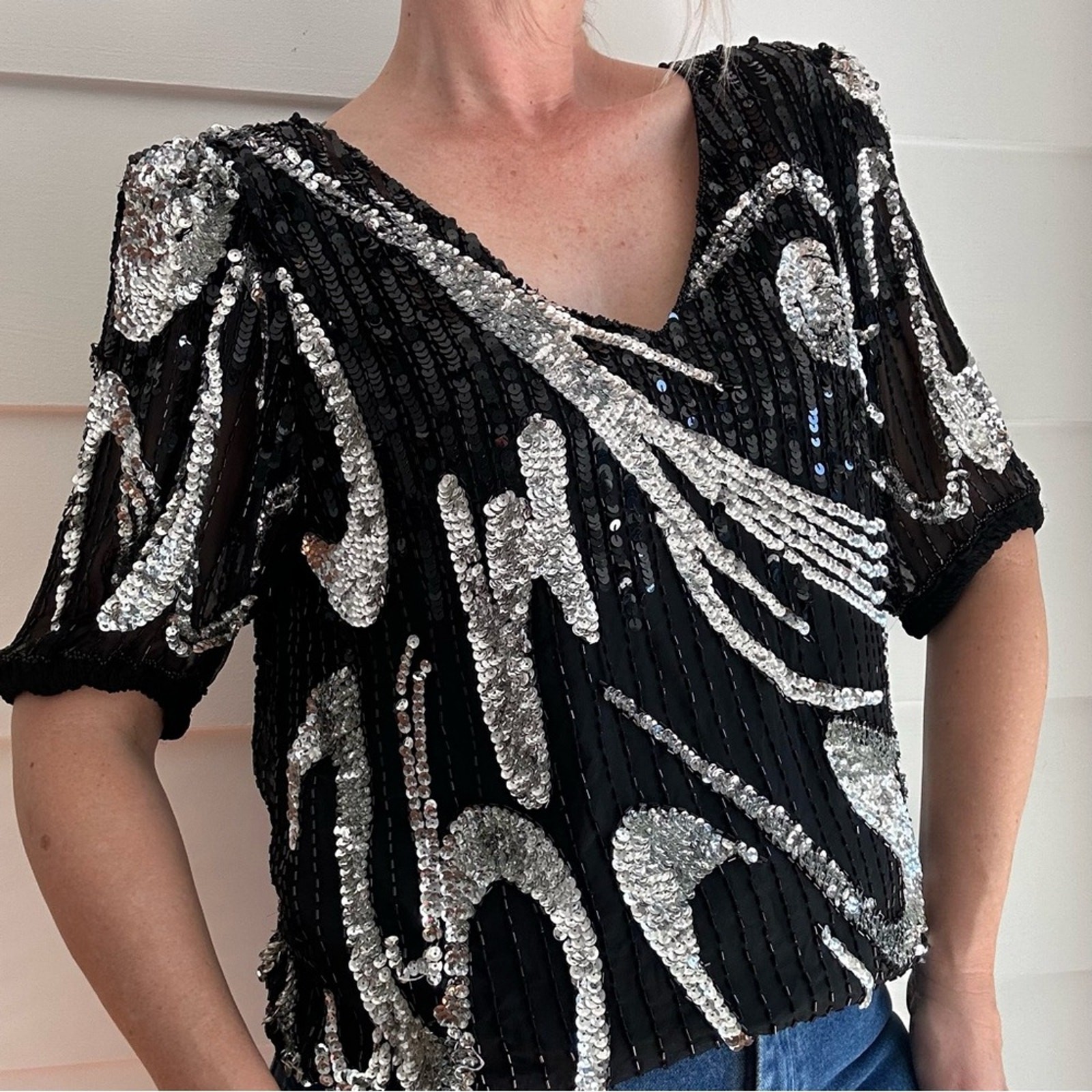Vintage Oleg Cassini Silk Sequin and Beaded Blouse Holiday Party Festive Glam