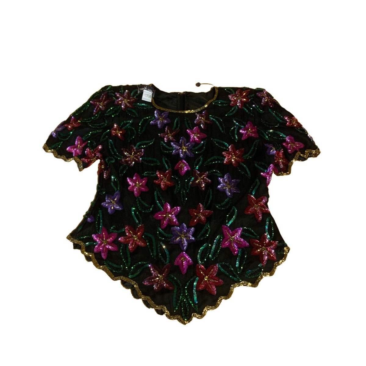 VINTAGE CIRCA 1980’S LAURENCE KAZAR MULTI COLOR FLORAL & BLACK SEQUIN TOP SZ LG