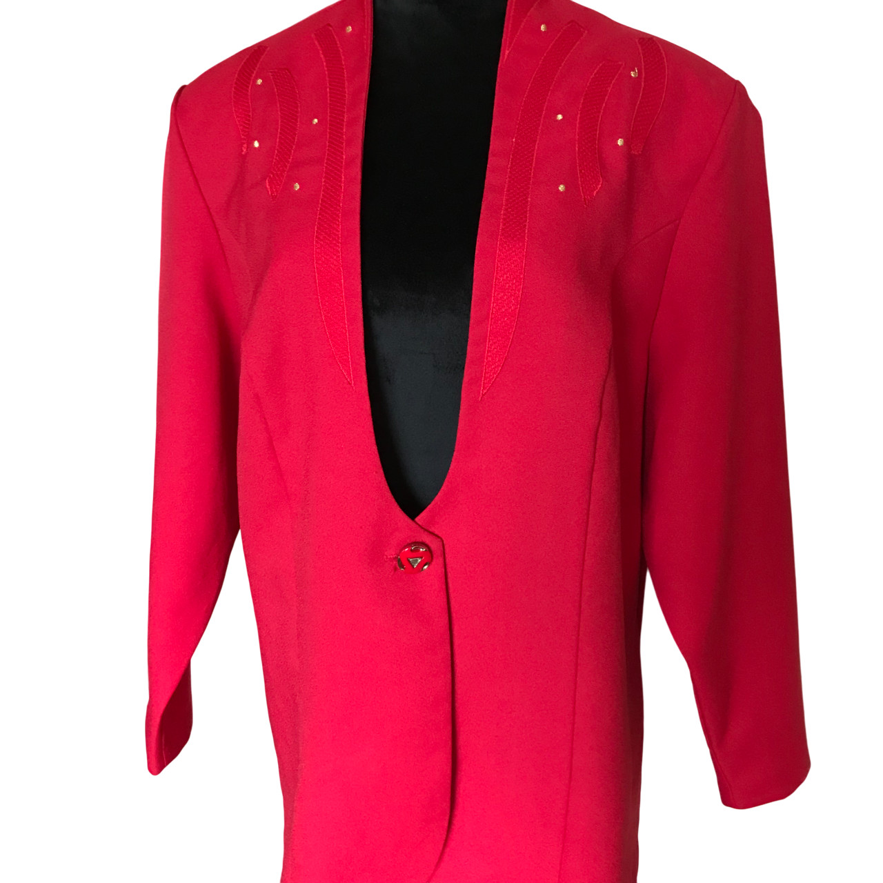 VTG 70s Pride & Joy Blazer, Deep Scoop Neck Red Geometric Print Gold Dots Sz 22W