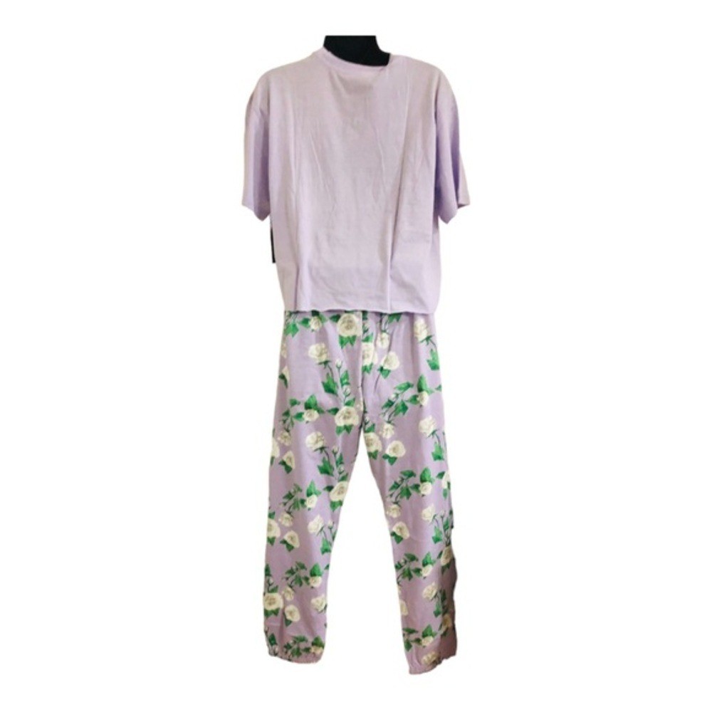 Selena purple white green floral crop shirt & joggers set size large brand new