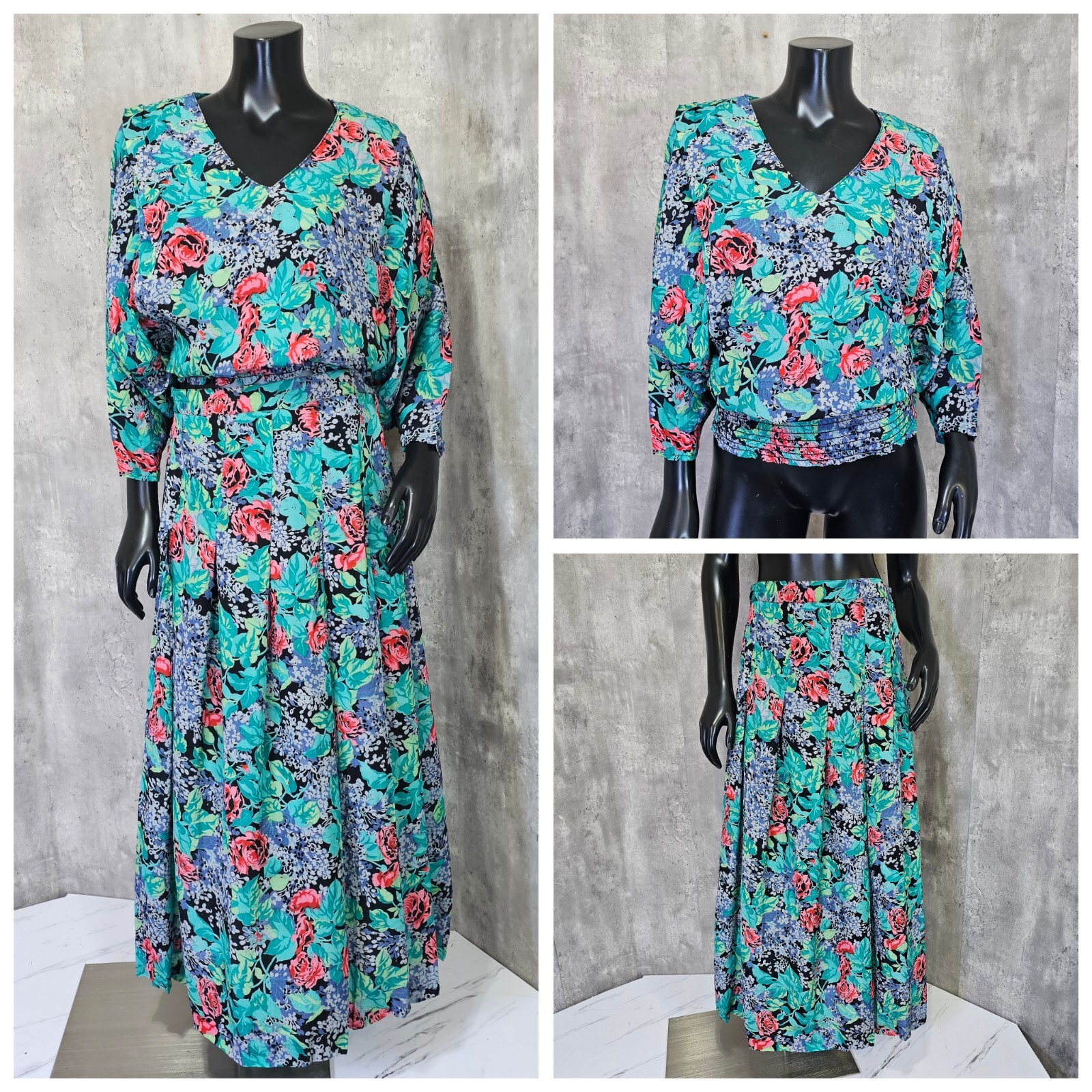 Vintage 70s 80s Irene Kasmer Floral Crepe Batwing Blouse Maxi Skirt Set Outfit