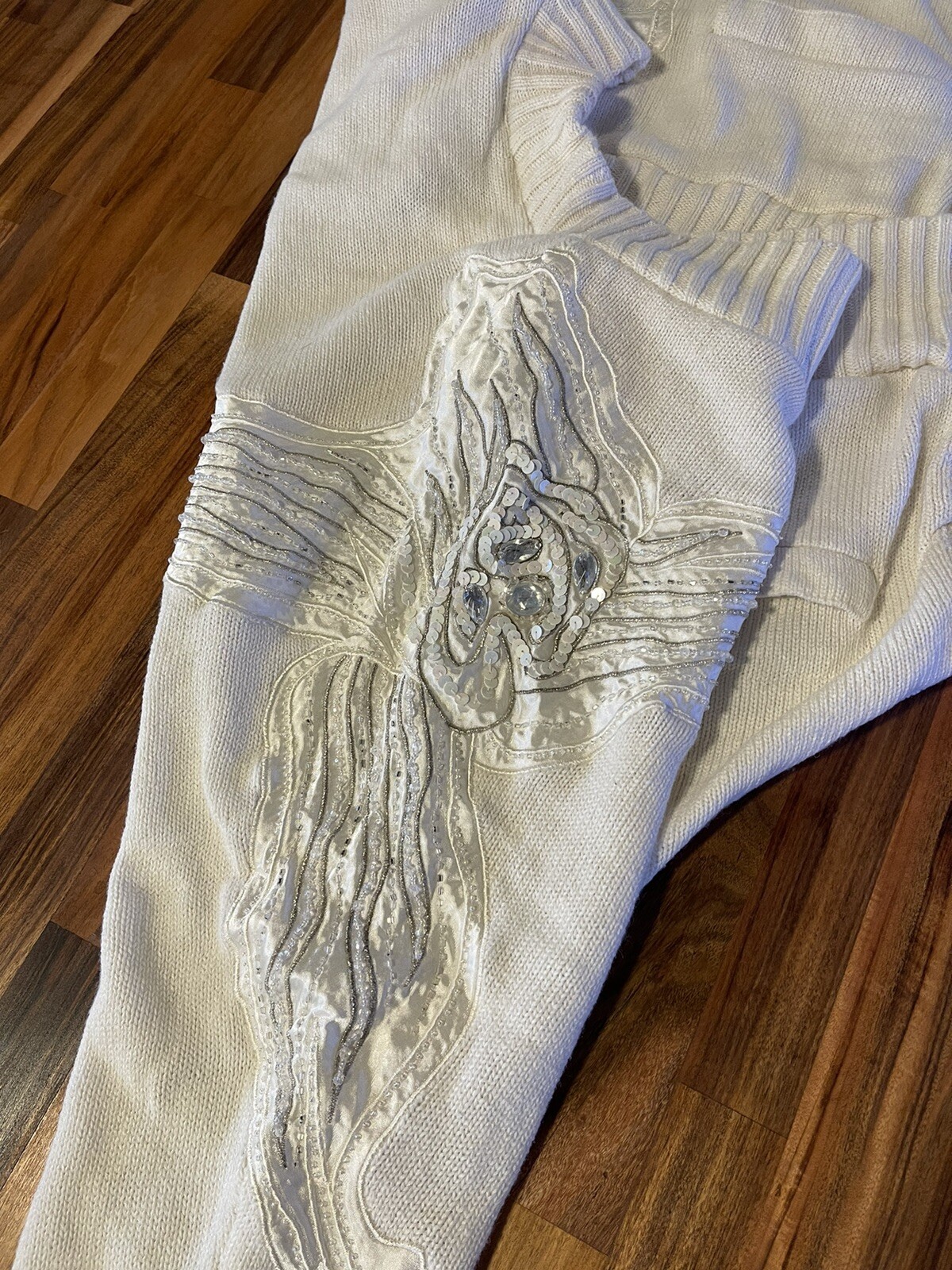 80s 90s Bonnie Boerer Beaded Cardigan Sweater Small Ivory Silver Sequins Chunky