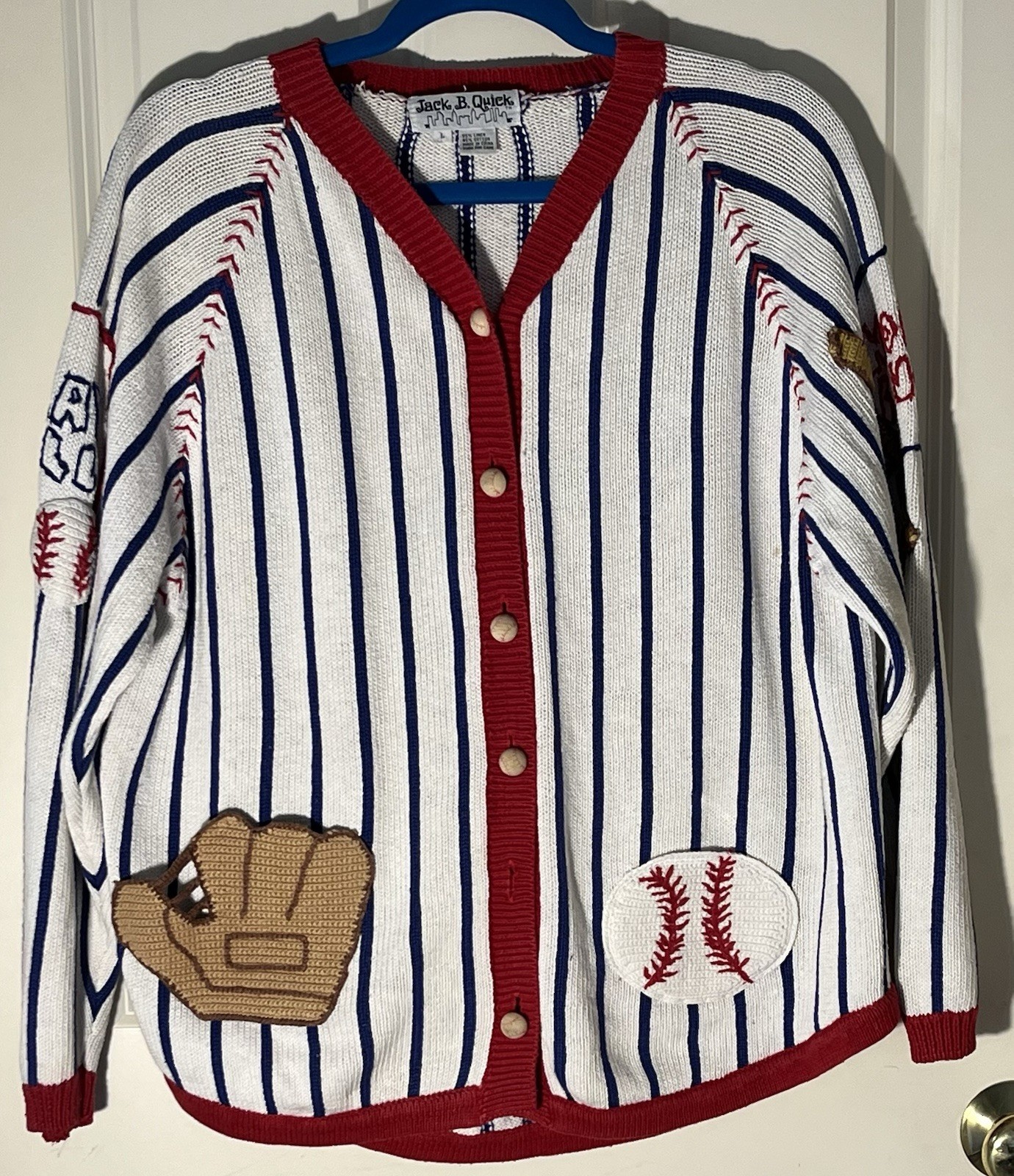Vintage Jack B Quick Red, White and Blue Baseball Sweater Size Large