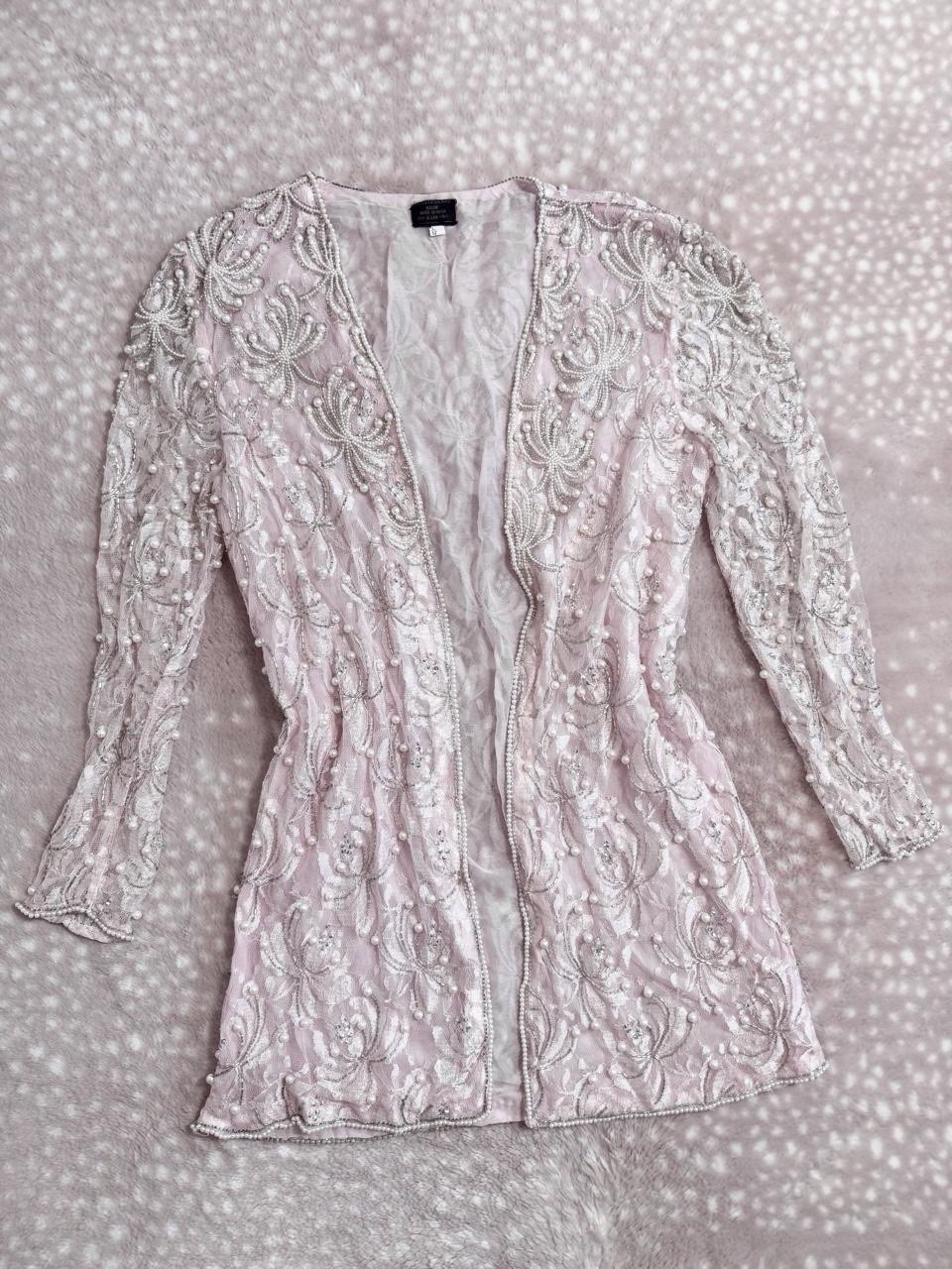 Vintage Y2K Pink White Pearl Beaded Overcoat Jacket Women’s Size Large Sequin