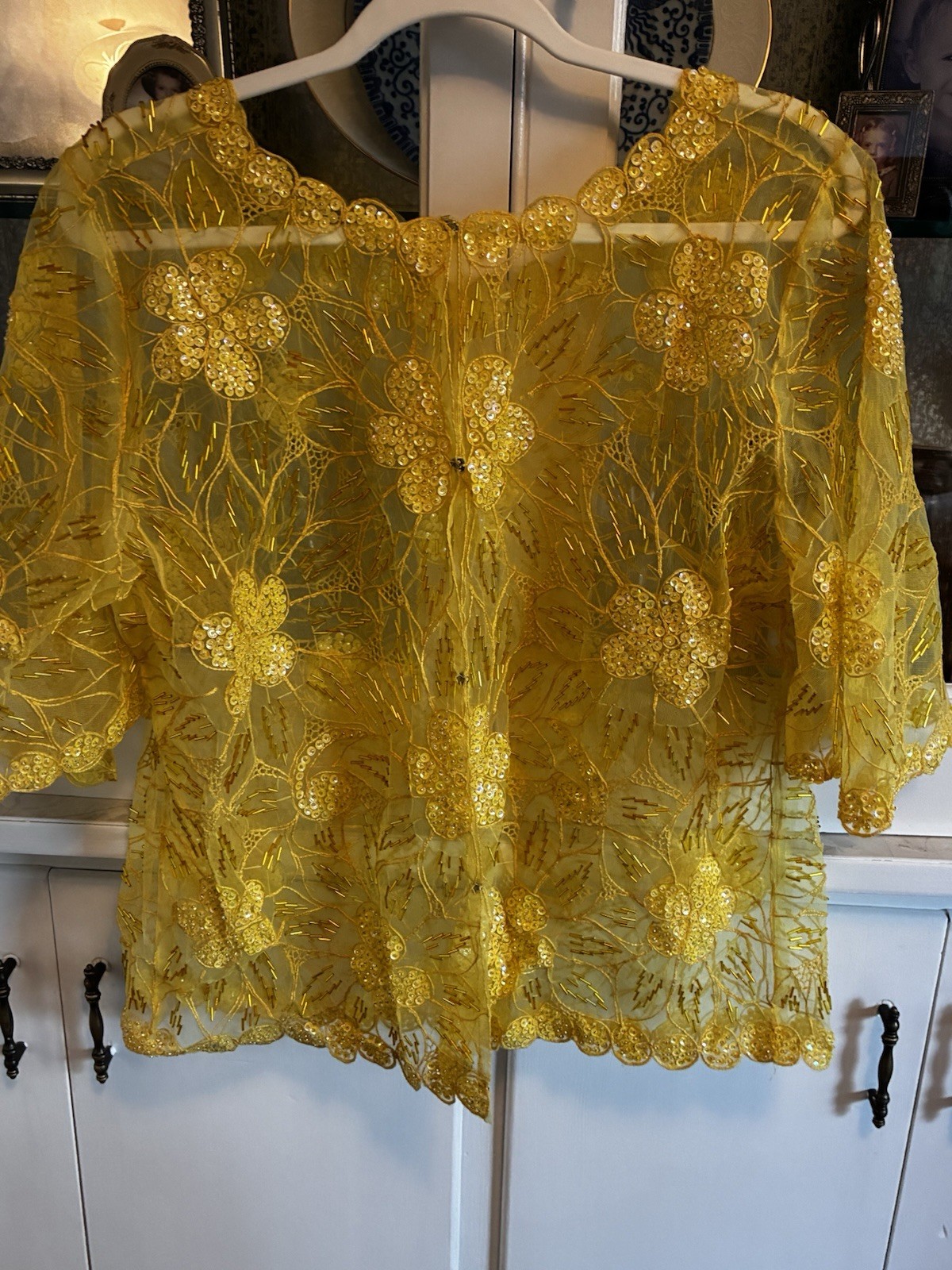 Yellow Vintage 1990s Beaded Sequin Sheer Short Sleeve Blouse Festive Glam S/M