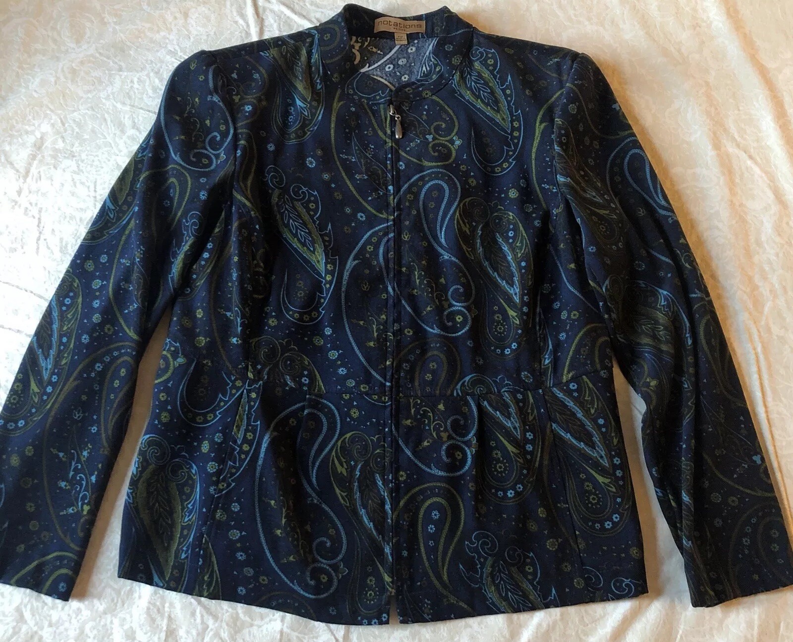 Vtg Notations Women PM Velvety Soft Lightweight Blue Paisley Zip Jacket Stretch
