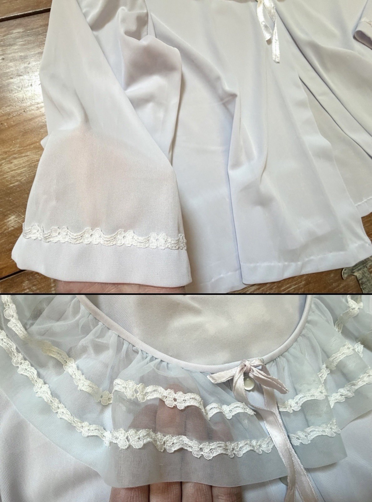 VTG 1950s MISS ELAINE Pale Lavender-Blue Pajama Top-BED JACKET PJ Sheer Lace M/L