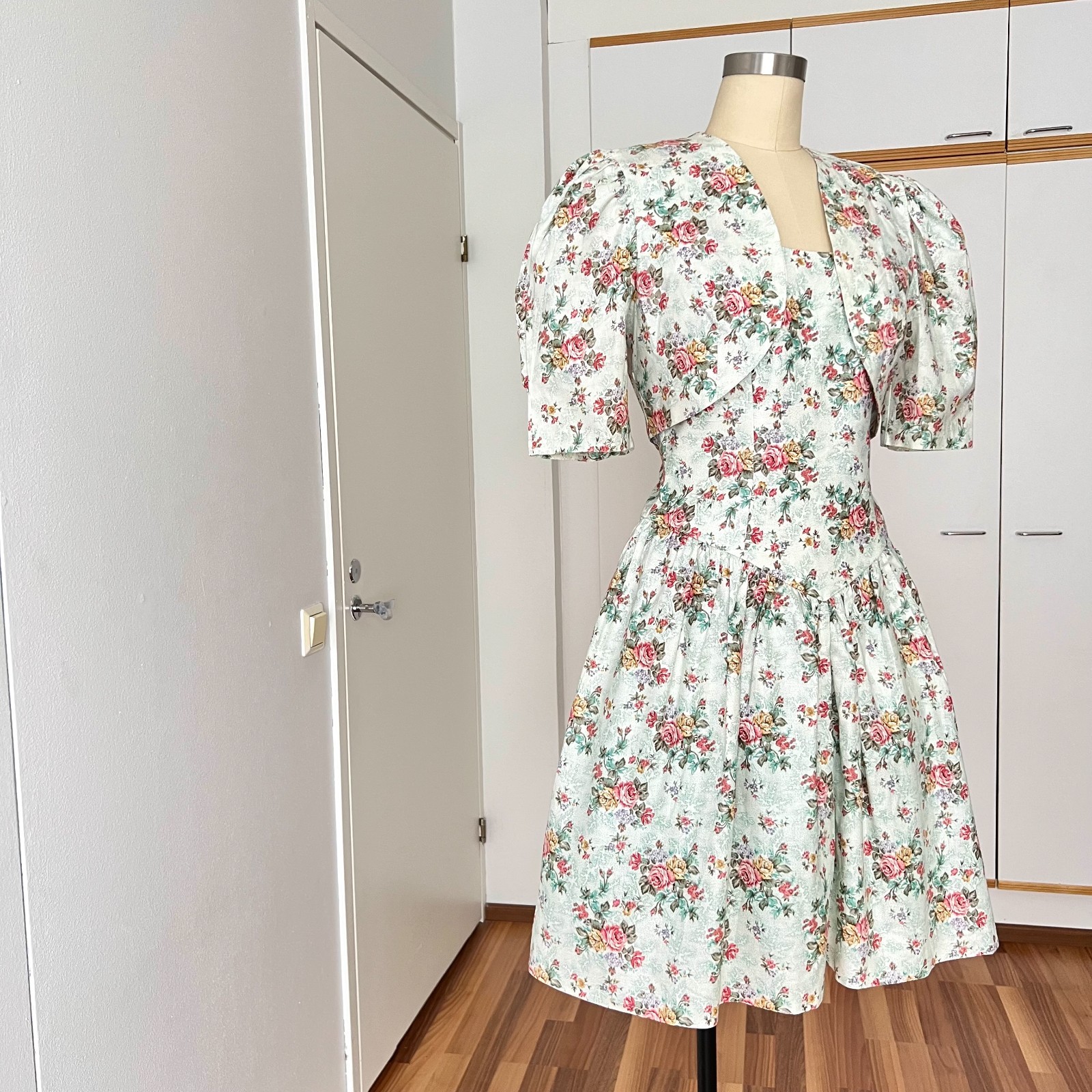 Vintage Floral Two Piece Dress & Bolero Set Puff Sleeves Tea Length Cottagecore