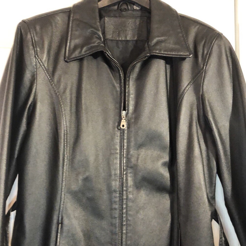 Size L Leather Jacket Vintage Jaqueline Ferrara Black Full Zip w/Waist Tie