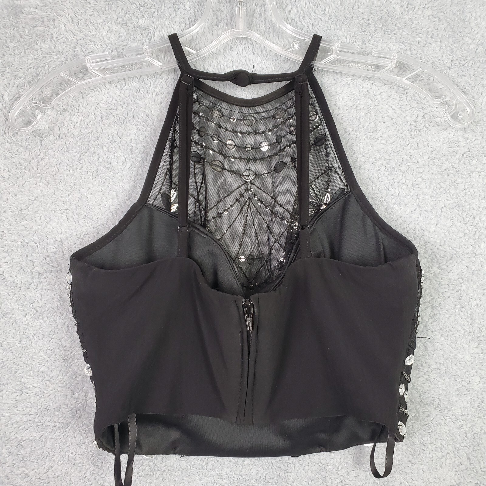 Vtg B Darlin Top Size S Black Halter Crop Embellished Jewels Sheer Padded Zip Up