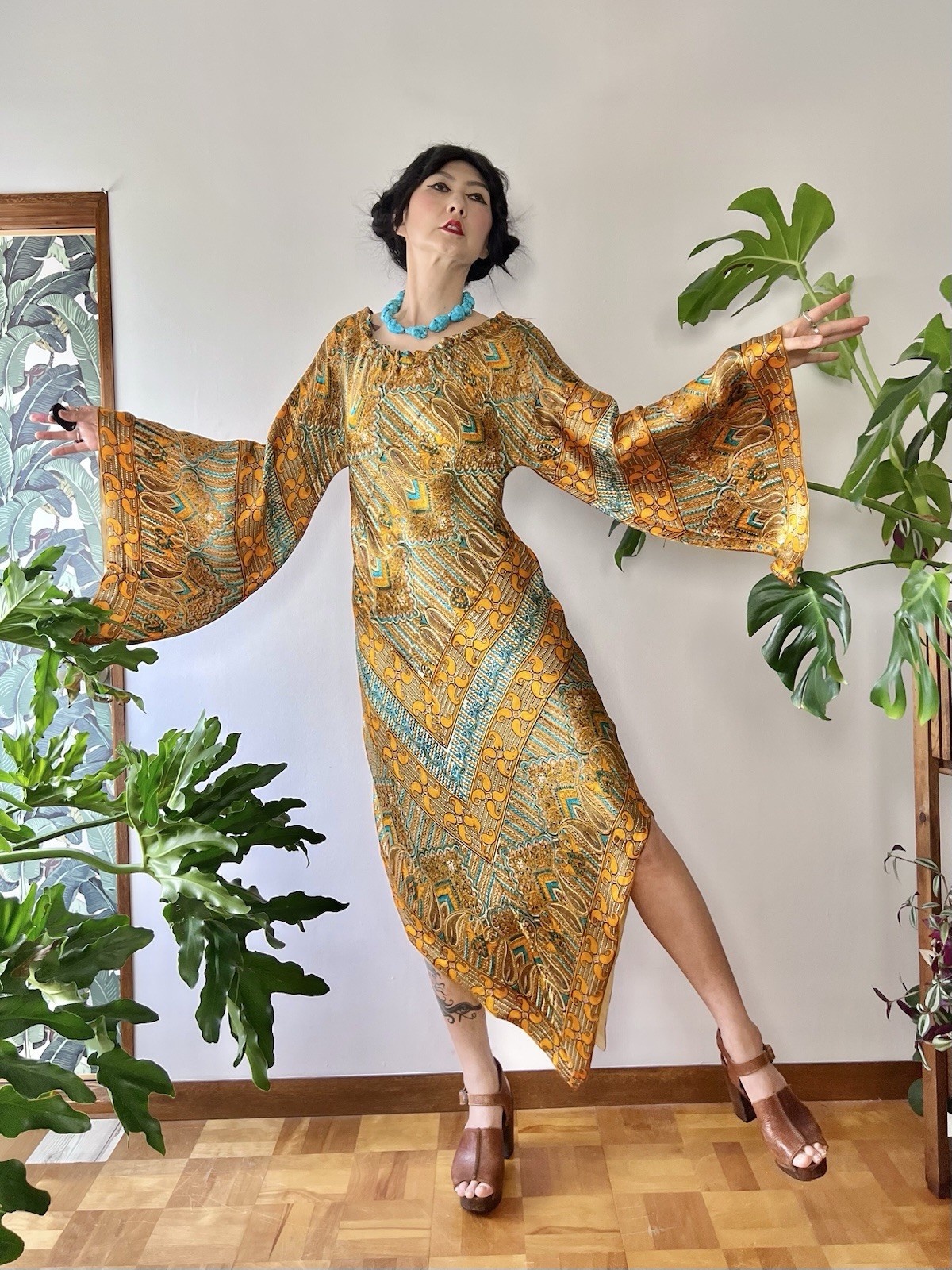 RARE 1960s 70s Psychedelic Chevron Caftan Dress Bias Cut Butterfly Sleeve Boho