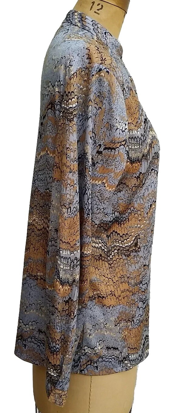 Vintage 1970s Marbleized Print Tunic LS Blouse Mandarin Band Collar Alex Colman