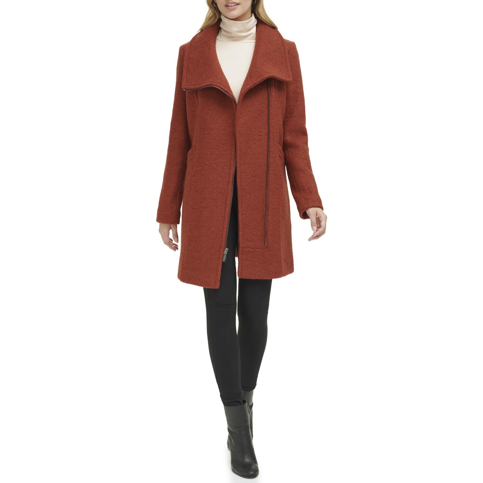 Kenneth Cole Women’s Asymmetrical Zip Wool Boucle Coat X-Large