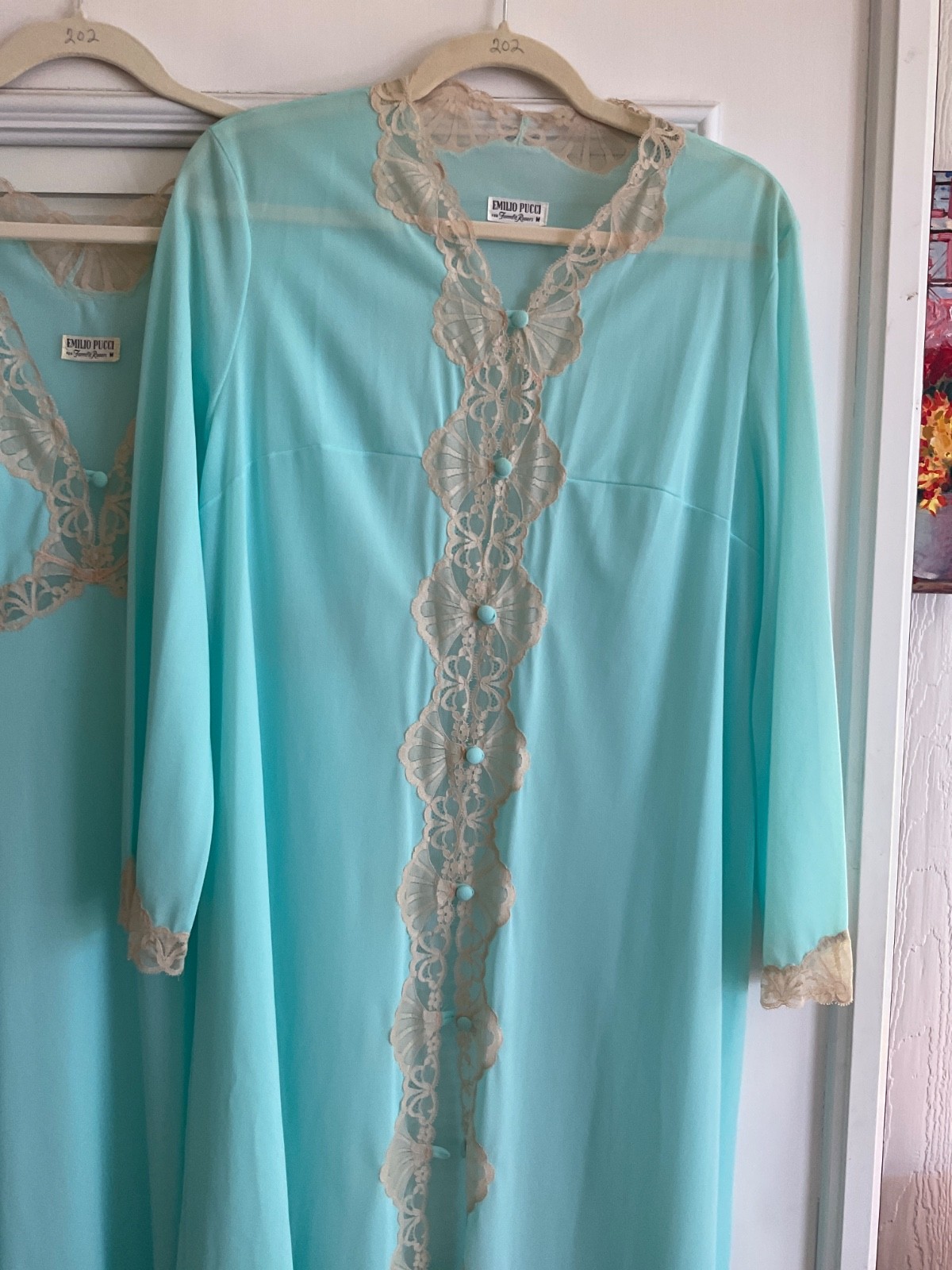 Vtg Emilio Pucci Formfit Rogers Turquoise Lace Nightgown Robe M Peignoir EUC