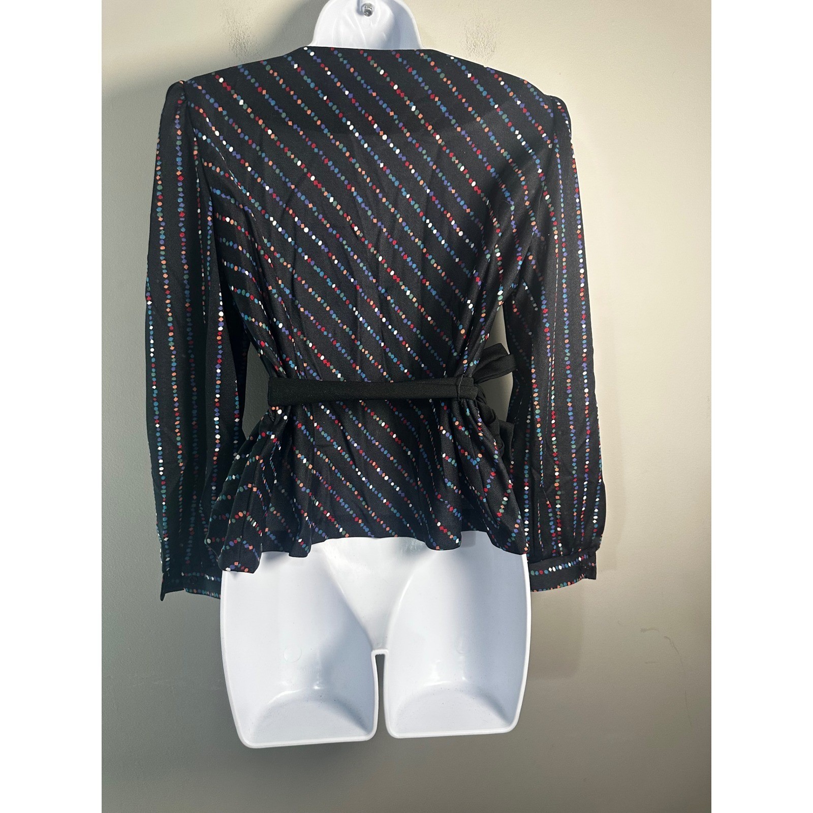 Vtg B. Altman & Co NY Rainbow Stripe Wrap Blouse 70s 80s Puff Sleeve Disco SZ 14