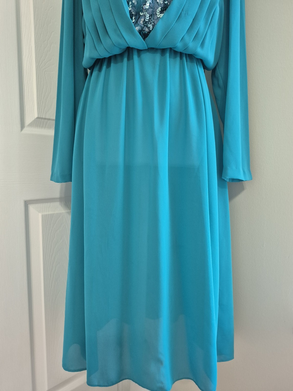 Vintage 70s 80s Cathy Sue Teal Sequin Illusion Midi Dress Pleated M/L