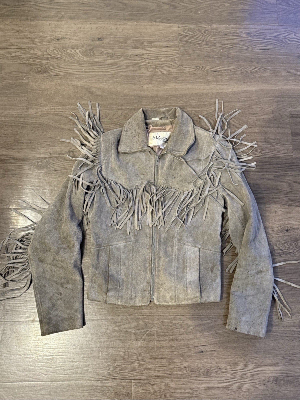 VTG 80s Wilson’s Leather Gray Suede Fringe Jacket Size 8
