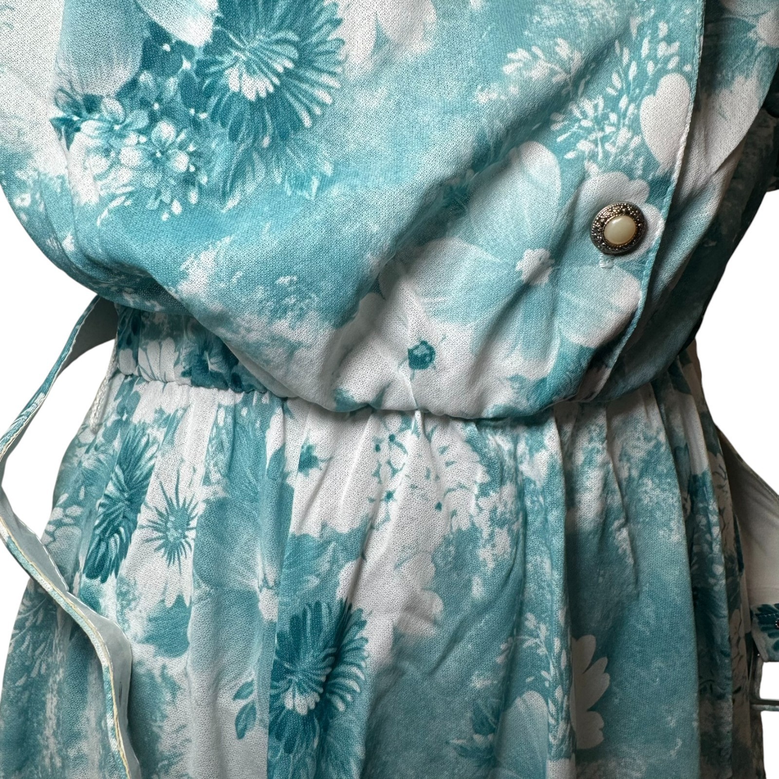 New VTG California Looks Dress Woman SZ 8 Petite Aqua Floral Belted CottageCore